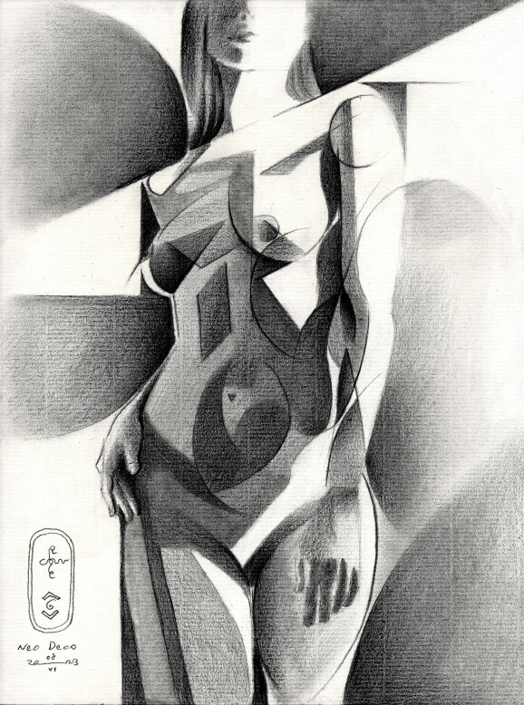 cubist art deco nude graphite pencil drawing