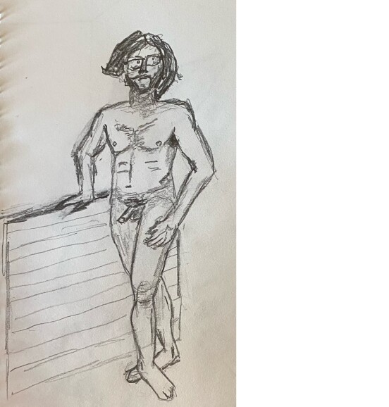 Josh leaning on a wooden partition - 15 minute timed pencil sketch