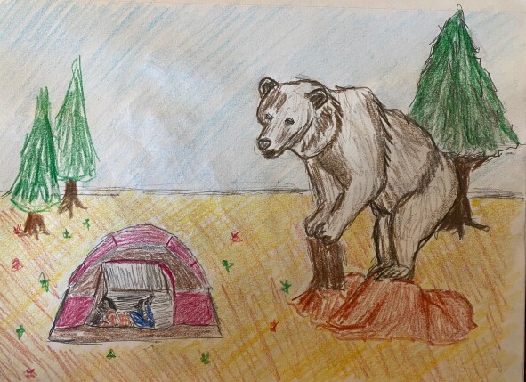 Very large bear looking at a tent, with oblivious camper - colored pencil
