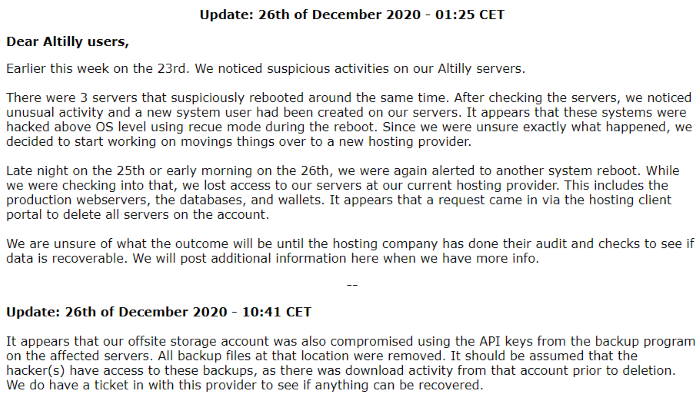 Update to Altilly Cryptocurrency Exchange Hack