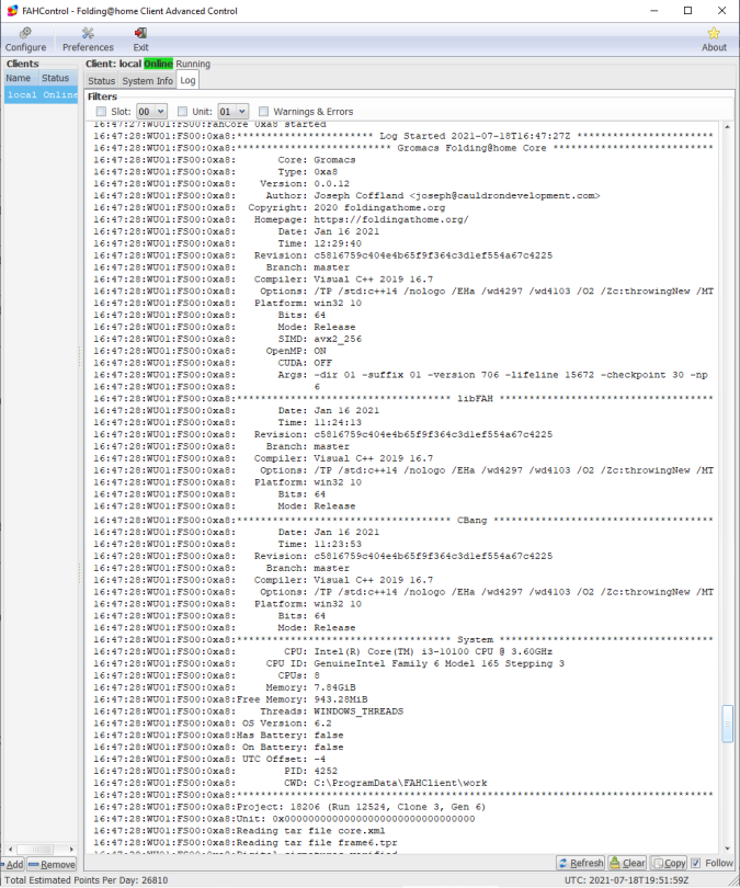 Figure 19. F@H Sample Log file.