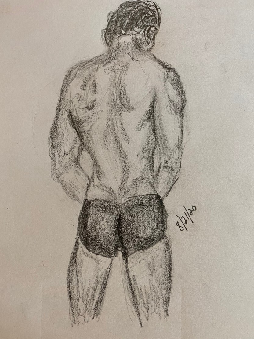 Back view drawing of contemplative man in swimsuit