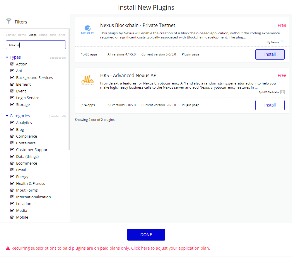 Choose the Nexus Blockchain plugin and install