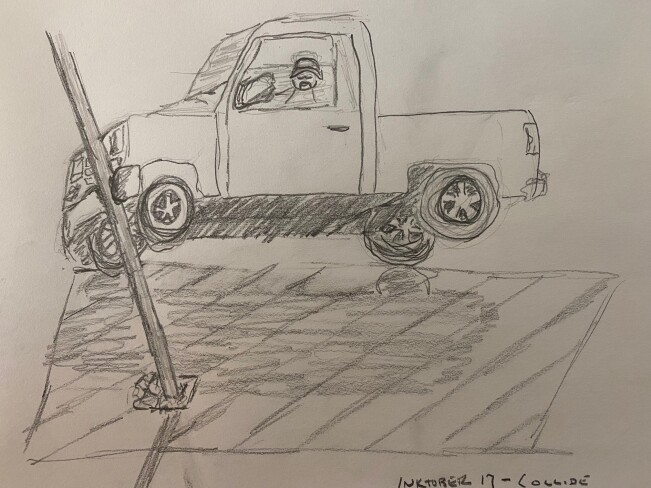 Pickup truck that has run into a pole - pencil sketch