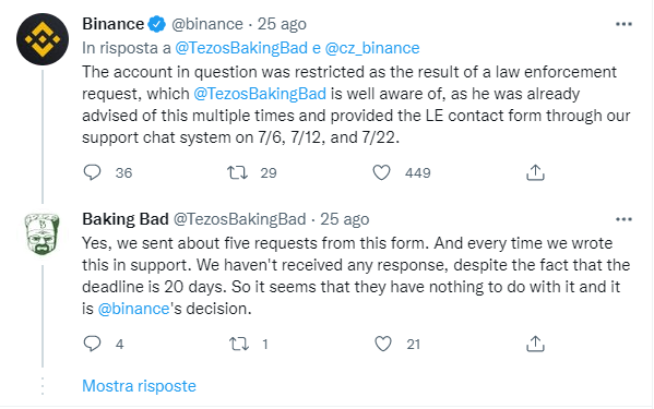 The tweets of Binance and Baking Bad