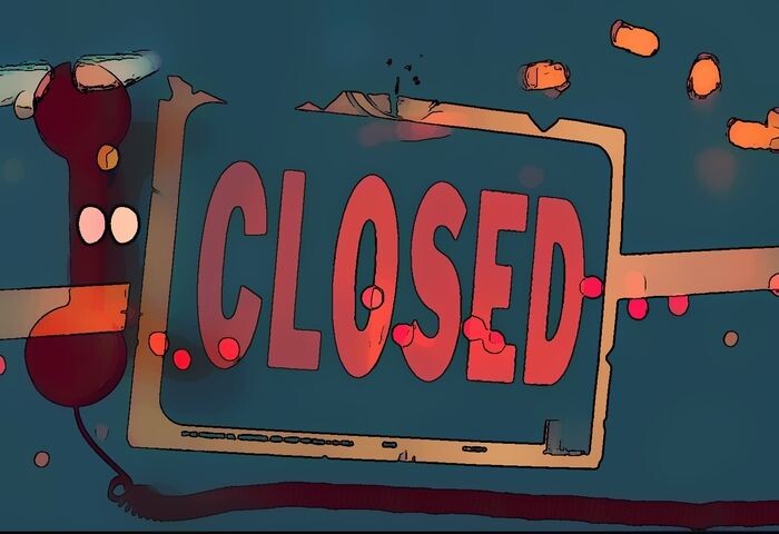A closed sign, overlaid and encircled by a red landline phone