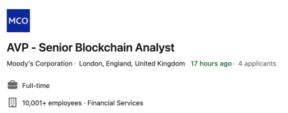 Moody's Senior Blockchain Analyst vacancy