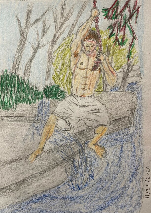 Man on a rope swing - drawing in pencil and colored pencil