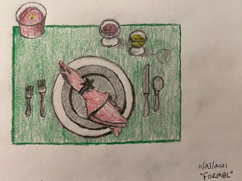 Holiday formal dinner table setting for one - pencil and colored pencil -
