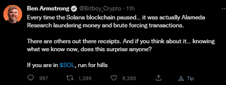 Twitter User @Bitboy_Crypto talking about Solana's past Blockchain pauses being the Company Alameda laundering money by forcing transactions through the Blockchain.