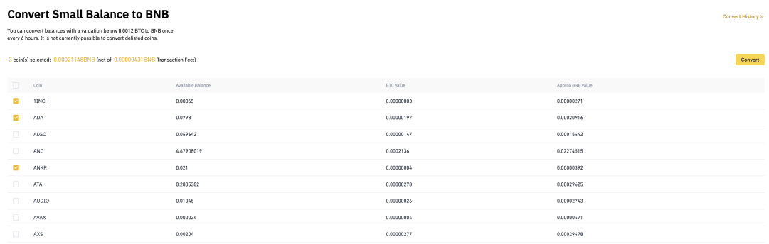 BNB token dust
