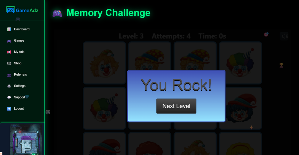 Screenshot of winning a round in the Memory Challenge game on GameAdz.net