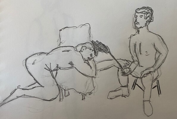 Man being tickled on the head - pencil sketch