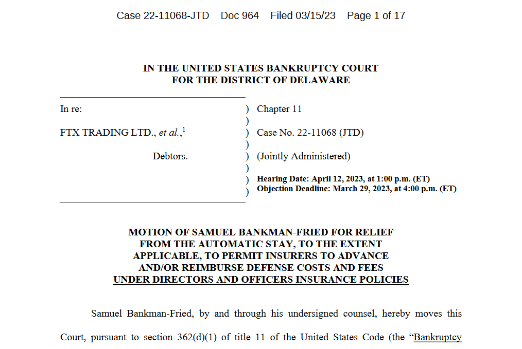 Excerpt from SBF's request to have its legal fees reimbursed to FTX's insurers. – Source: restructuring.ra.kroll.com/FTX