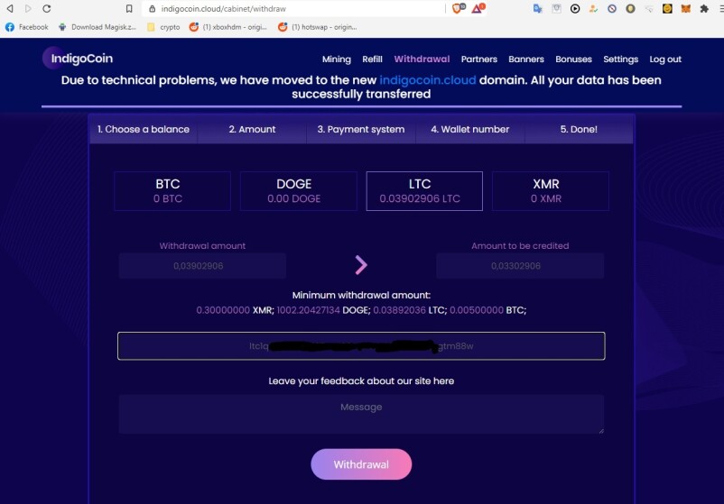 Indigocoin Withdrawel