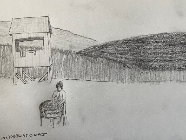 Laundry day at lonely outpost - pencil drawing
