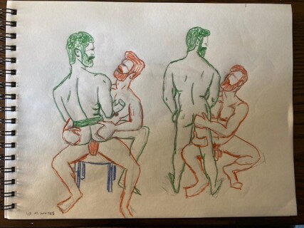 Joe and Ahmad in two poses - pencil and colored pencil