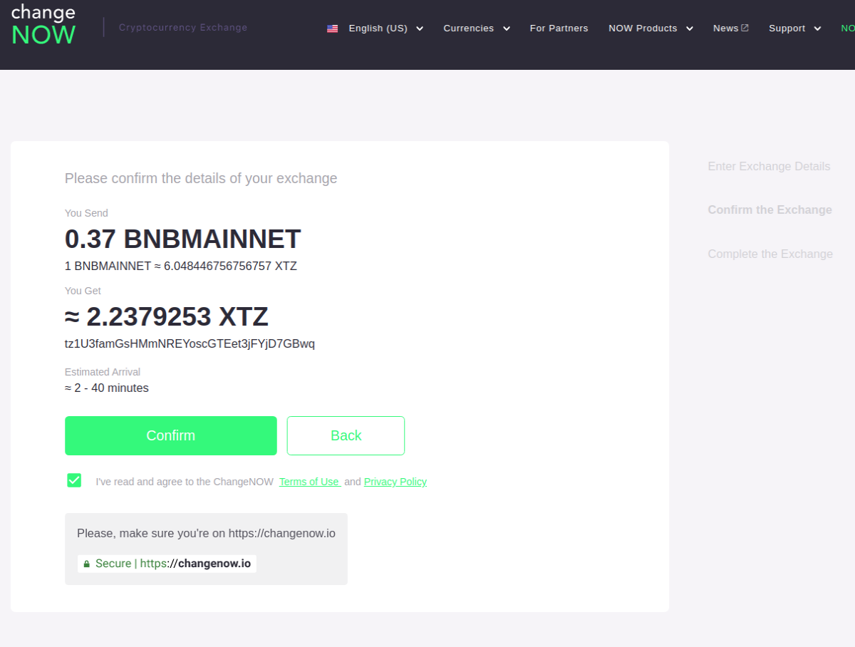 ChangeNOW confirmation screen