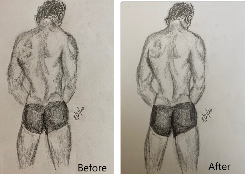 Before and after sketches of a contemplative swimmer - pencil drawings