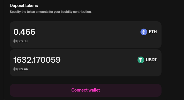 Uniswap deposit interface showing the specific ratio of 0.466 ETH and 1632 USDT required to setup a concentrated liquidity position.