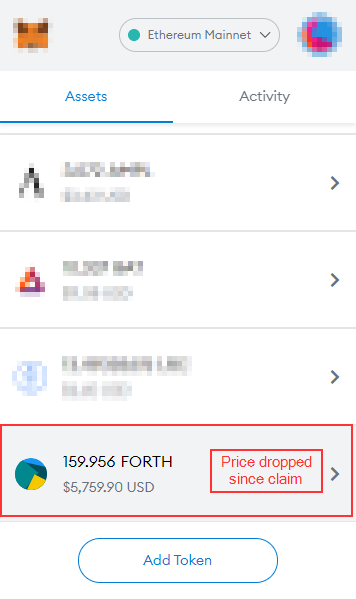 metamask screenshot of FORTH amount