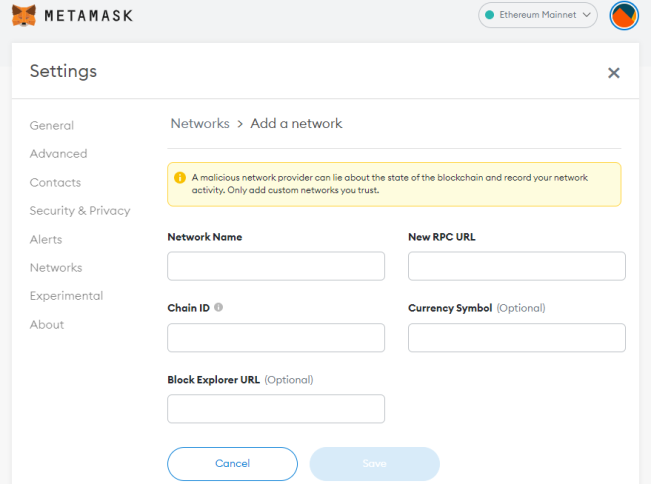 Settings screen