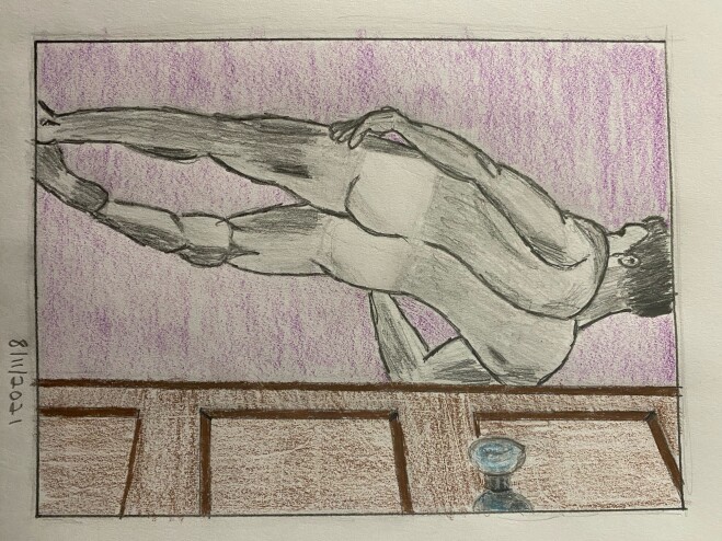 Man leaning on door, looking away from us - pencil, colored pencil