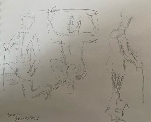 Briden, three poses: 2-minute timed pencil sketches