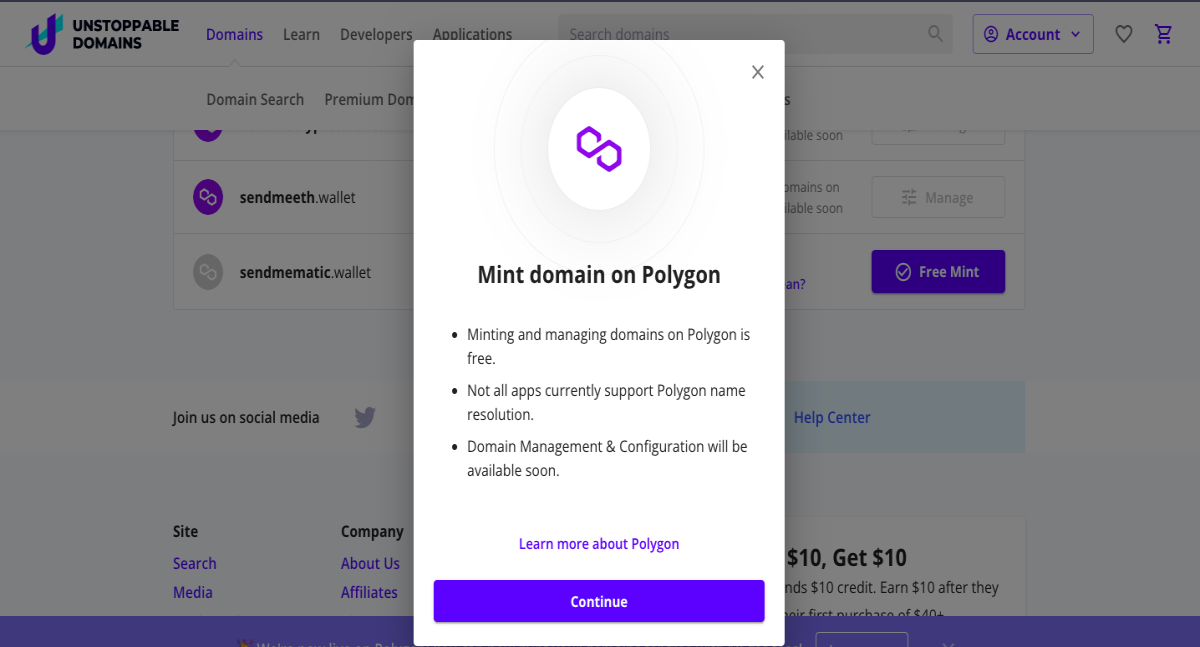 unstoppable domains message