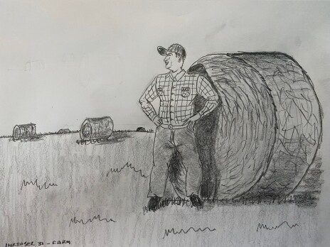 Farmer leaning on hay bale in a hay field - pencil