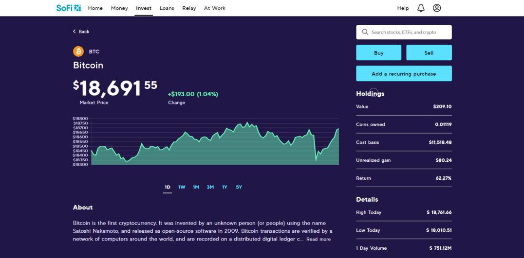 Image of my SoFi Bitcoin Portfolio on 11-23-20