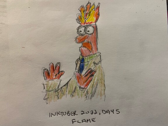 Portrait of Muppet character Beaker with his hair on fire - colored pencils