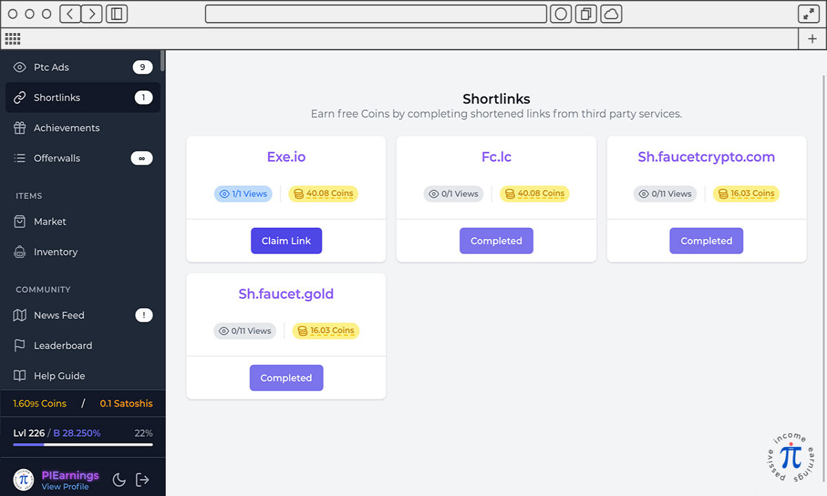 FaucetCrypto - Shortlinks view.