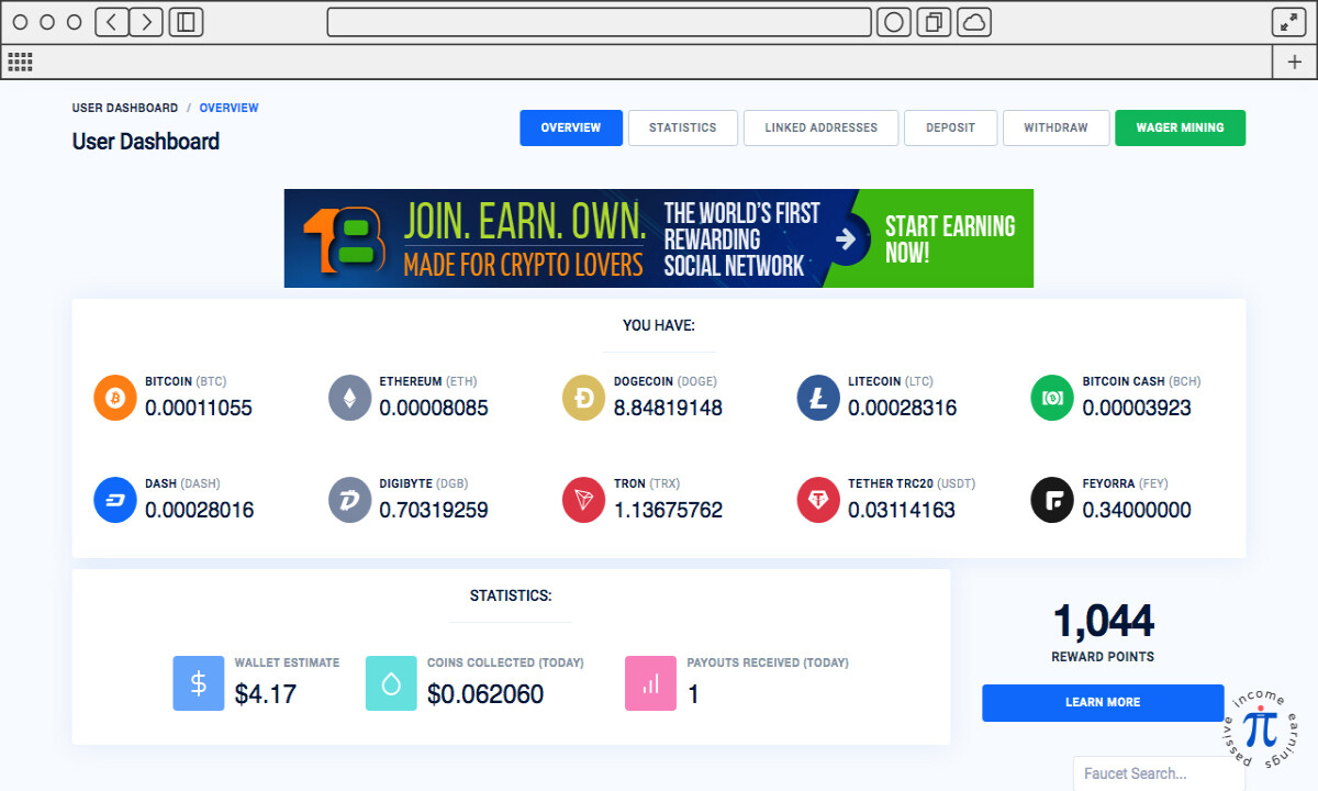 FaucetPay User Dashboard view