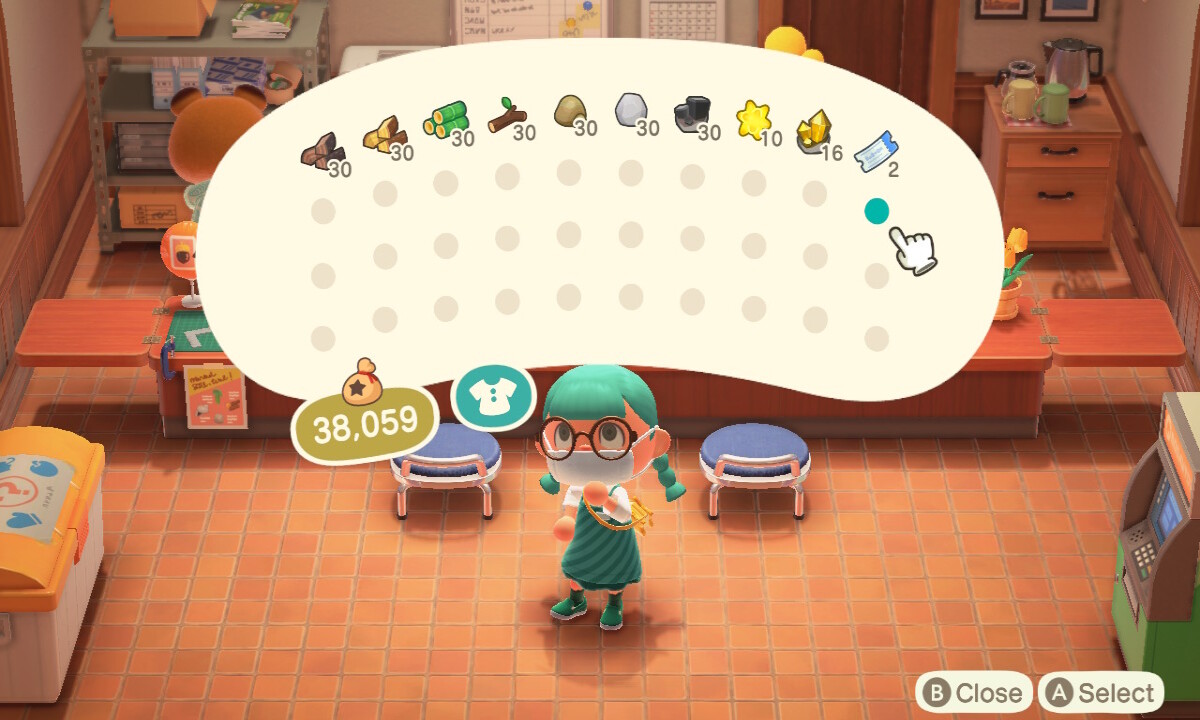 Some common stacks, alongside the more typical player currencies in Animal Crossing.