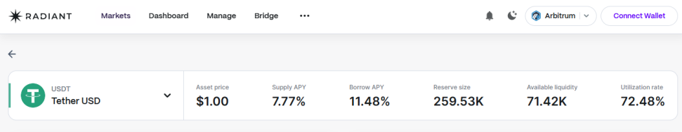 Radiant Capital USDT lending interface with 7.77% APY and 1-click leverage on Arbitrum