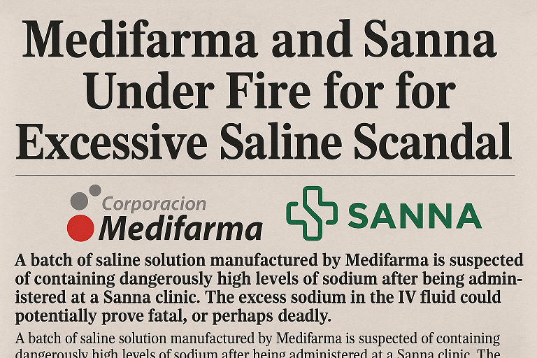Newspaper-style headline about Peru investigating Medifarma saline batch at a Sanna clinic, showing the official Medifarma and SANNA logos