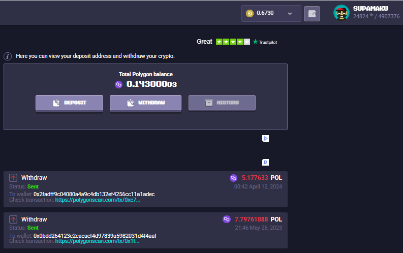 Proof of payout for Matic