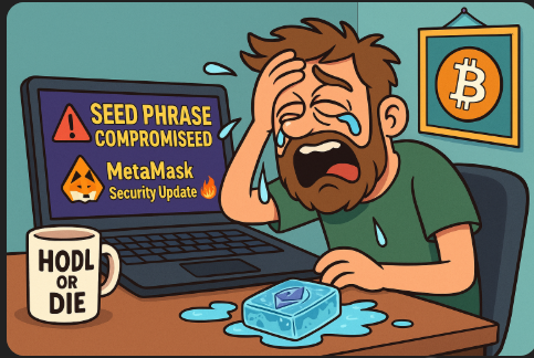 Cartoon-style crypto user crying in front of laptop showing 'Seed Phrase Compromised' and fake MetaMask security update, with HODL mug and Bitcoin poster in the background