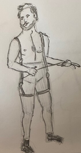 Man in harness with riding crop - pencil sketch