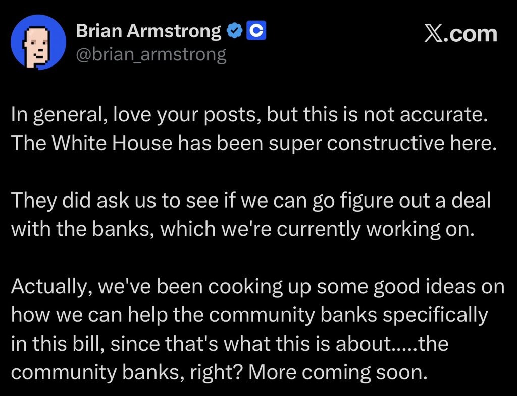 Coinbase CEO brian Armstrong disputed reports the White House may pull  support for the crypto market structure