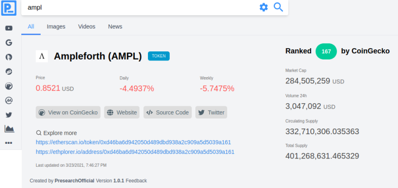 A sample of cryptocurrency search using Presearch