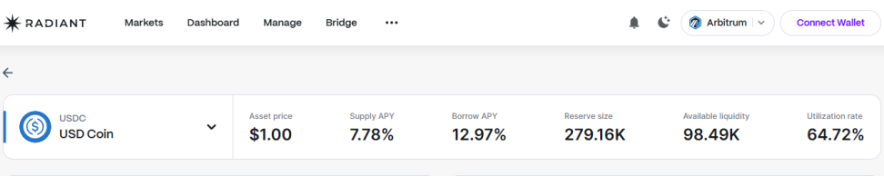 Radiant Capital USDC lending interface showing 7.78% APY and borrowing options on Arbitrum