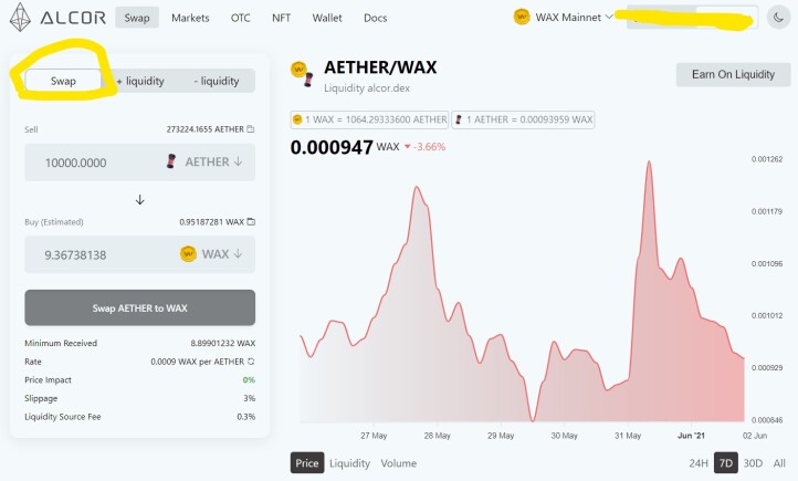 Alcor crypto swap Aether for Wax