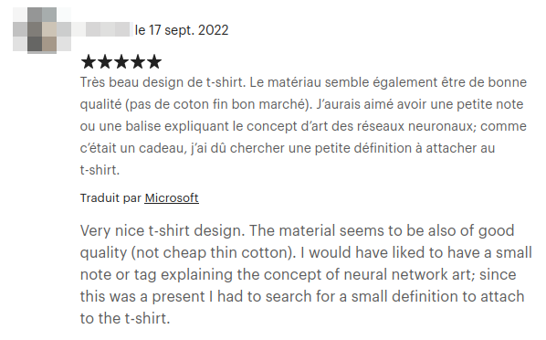 a five stars review about deepcrew's ETSY AI generated clothes shop