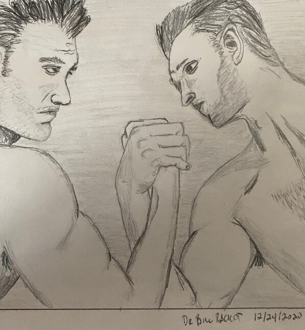 Arm wrestlers, shirtless - pencil drawing