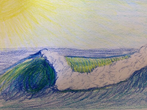 Curling ocean wave - colored pencil
