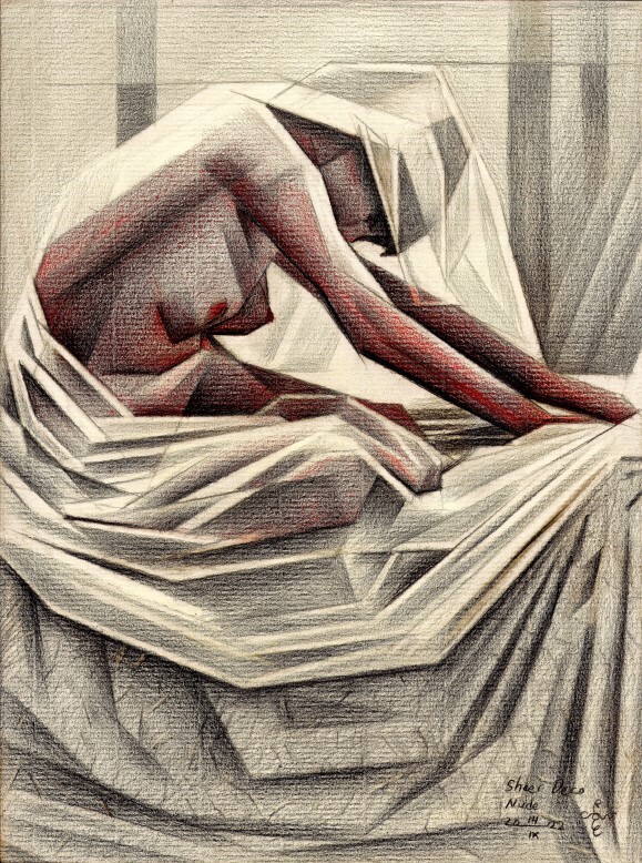 art deco nude colored and graphite pencil drawing