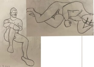 Paul sitting and laying on his side - two 5-minute timed pencil sketches