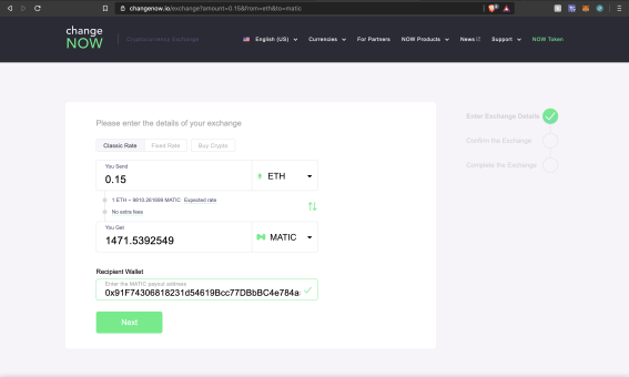ChangeNOW buy screen
